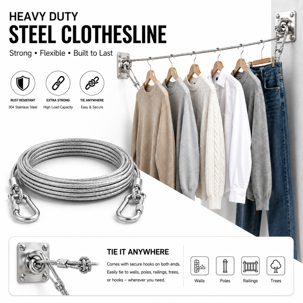 Stainless Steel Clothesline with Carabiner Hooks (5 Mtr)